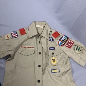Boy Scouts Of America Shirt Youth Large Khaki Uniform Short Sleeve Patches USA